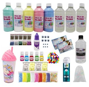 Grande Kit Super Slime Com Neve + Copo Unicórnio + Pompom Jelly Cubes | Slime e Amoeba Brinquedos Slime e Amoeba