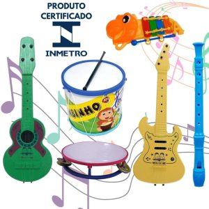 Kit 6 Instrumentos Musical Tambor Violão Guitarra Pandeiro Flauta Xilofone Bumbo Infantil Brinquedo Banda | Instrumento Musical Brinquedos Instrumento Musical